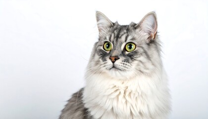 Fototapeta premium A close-up portrait of a fluffy gray and white cat, showcasing its striking features and curious gaze against a plain white backdrop.