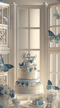 A beautifully crafted wedding cake surrounded by delicate blue butterflies and elegant decor, creating a magical atmosphere.