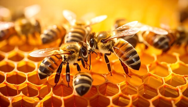 Close-up of honeybees on honeycomb, warm light