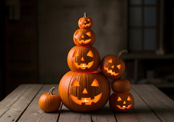 Fototapeta premium Stack of carved glowing pumpkins for halloween on a wooden table