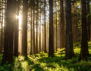 Obraz premium Sunlight filtering through a dense forest (1)