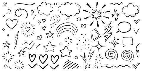 Black Hand Drawn Doodle Elements Hearts Stars Clouds And Speech Bubbles white