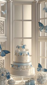 A beautifully decorated wedding cake surrounded by delicate blue butterflies and floral accents in an elegant setting.