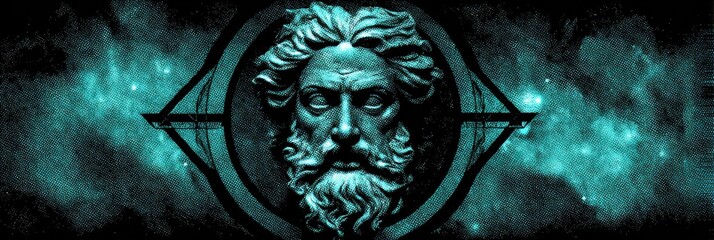 A detailed illustration features a stylized portrait of a mythical figure set against a backdrop of a textured, teal-toned cosmic scene, emphasizing a strong, bold design.