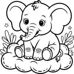 Fototapeta premium Cute Elephant Sitting on Cloud Coloring Page for Kids, Black and White Outline