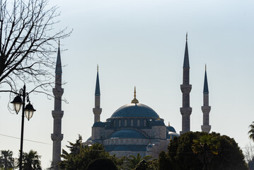 Hagia Sophia in Istanbul, T&uuml;rkiye, Blue Mosque, close-up with four minarets