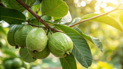 Obraz premium Guavas on tree branch in garden, Guava on tree in natural warm sunlight background