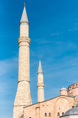 Close-up of the minarets of the Hagia Sophia in Istanbul, T&uuml;rkiye, Blue Mosque