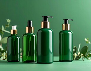Green bottles of skincare products on green background