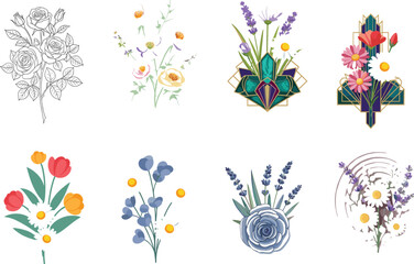 Beautiful floral vector illustrations, hand-drawn flowers, colorful botanical designs, artistic flower bouquets, spring and summer nature elements, garden plants set
