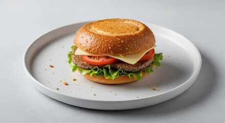 Freshly prepared classic beef burger with a juicy patty, crisp lettuce, ripe tomato, and melted cheese, presented on a simple white plate, ready for a delicious meal
