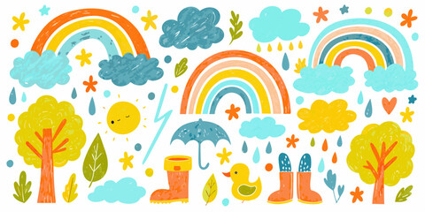 Cheerful Rainy Day Scene with Rainbows Ducks and Sun vector illustration