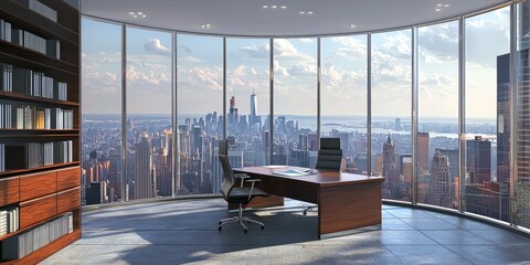Executive corner office with a panoramic skyline view Stock photo