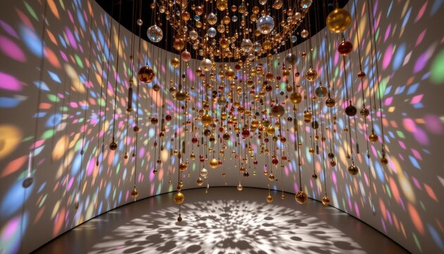 Immersive kinetic sculpture installation, suspended metallic elements rotating slowly