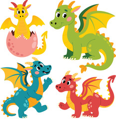 Naklejka premium Four Colorful Cartoon Dragons Yellow Hatching from Egg, Green, Blue and Red Dragons Posing