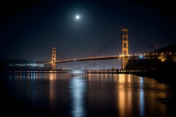 Fototapeta premium Golden Gate Bridge at night, illuminated, full moon above.
