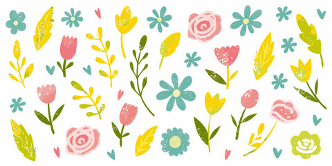 Hand Drawn Floral Elements And Hearts In Soft Pastel Hues flower leaf