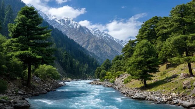Majestic river flowing through lush mountains kashmir scenic nature landscape vibrant environment serene viewpoint tranquil concept
