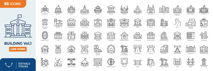 Building Line Editable Icons set. First set. Contains icons of residential and public buildings: office, government, school, hotel, university, hospital and more. Editable stroke. Vector illustration