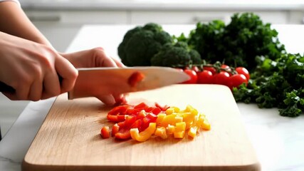 Slicing vibrant bell peppers on wooden board with fresh vegetables in kitchen - Powered by Adobe