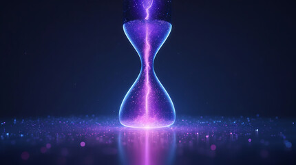 Futuristic glowing hourglass with vibrant purple energy flowing through its center against a dark background