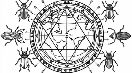 Black and White Illustration of Earth with Geometric Symbols and Insects