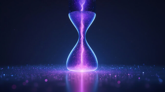 Futuristic glowing hourglass with vibrant purple energy flowing through its center against a dark background