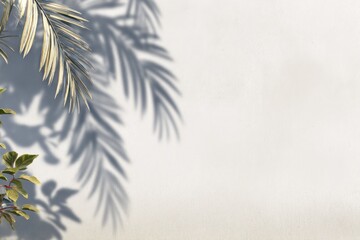 Palm fronds & shadowed foliage against a textured white wall, showcasing botanical silhouettes and sunlit tranquility
