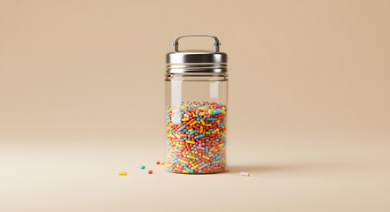 Vibrant Rainbow Sprinkles in Clear Jar for Baking and Dessert Decoration on Neutral Background