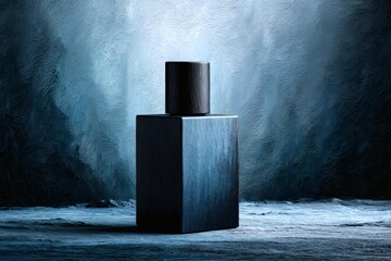 elegant blue perfume bottle with artistic backdrop - Elegant Dark Perfume Bottle with Artistic Blue Background, great for skincare visuals, fragrance product mockups, modern beauty ads