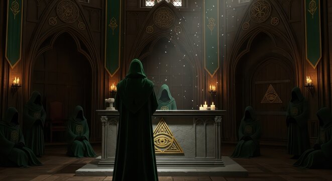 Mysterious Hooded Figures in Gothic Chamber Performing Ritual - Powered by Adobe