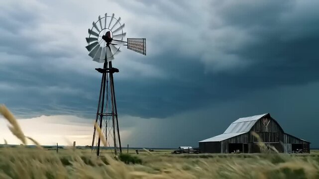 Windmill with Barn, and Stormy Prairie.
