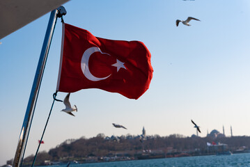 Turkish flag and seagulls over the Bosphorus Strait in Istanbul
