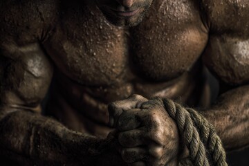 Muscle-bound man showcasing strength and power through physical endurance, gripping a rope with determination and intensity in a gritty environment