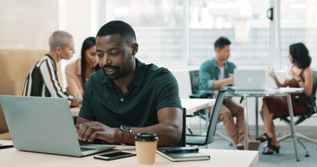 Fototapeta premium Business, man and reading with laptop in office for email, writing article and editing draft. Journalist, coworking and pc for proofreading, report news and headline information on publication agenda
