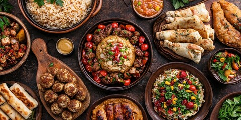 Fototapeta premium Flat lay of assorted iftar foods with rustic details and Arabic aesthetic touches Stock photo