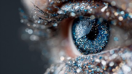 Close Up of Sparkling Blue Eye with Glitter Makeup Artistic Macro Photography