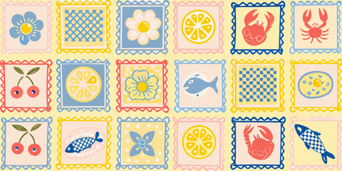 Retro Pattern Featuring Seashells Fruits Flowers and Crabs in Square Frames vector