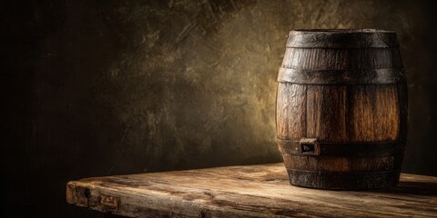 Naklejka premium The Wooden Barrel on a Rustic Table with Dramatic Moody Lighting and Texture