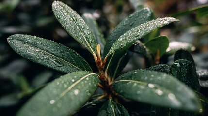 Close-up of Green Plant Leaves with Water Droplets on Dark Background