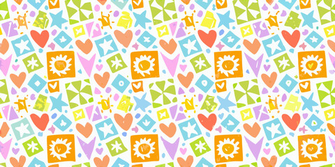 Vibrant Colorful Geometric and Heart Pattern with Hand Drawn Elements vector illustration