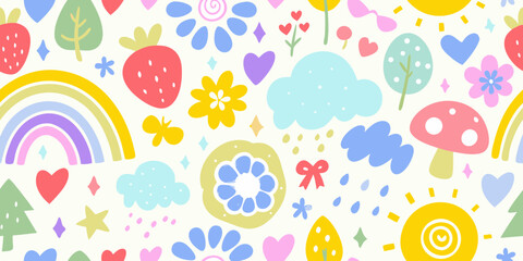 Whimsical Doodle Pattern with Rainbows Clouds and Strawberries seamless illustration