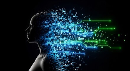 Obraz premium Woman’s head made of digital data, artificial intelligence concept. Digital brain network, virtual reality, future technology background.