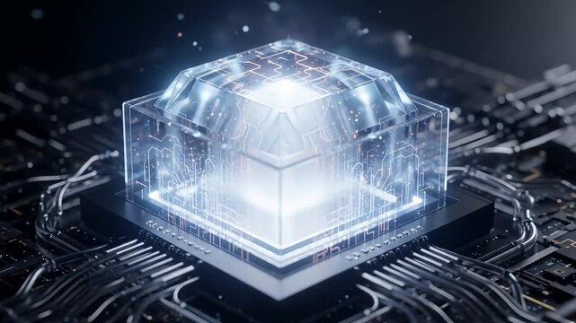 Quantum computing processor futuristic glowing cube on circuit board advanced technology concept high quality professional