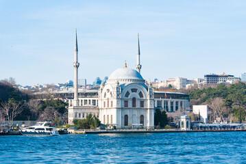 General view from the sea of ​​the Ortakey Mosque on the Bosphorus Strait in Istanbul, T&uuml;rkiye