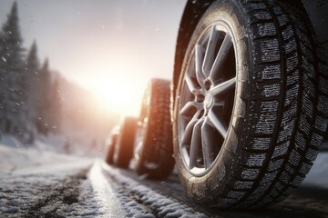 Winter tire swap for summer tires on a snowy road during the sunset, showcasing the importance of seasonal tire changes for safety and performance