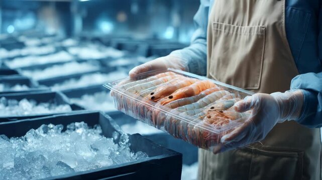 Freshly packaged shrimp ready for distribution in a seafood processing facility showcase