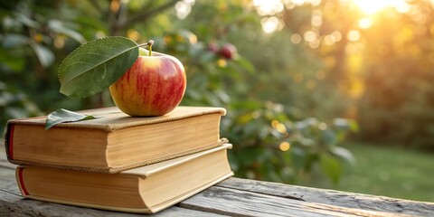 A single ripe red apple with a green leaf rests atop a stack of two old weathered books on a rustic wooden surface bathed in warm golden sunlight