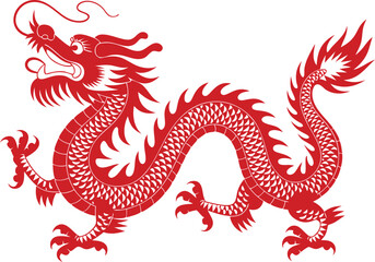 Vibrant Red Chinese Dragon Illustration on White Background, Traditional Asian Art Design