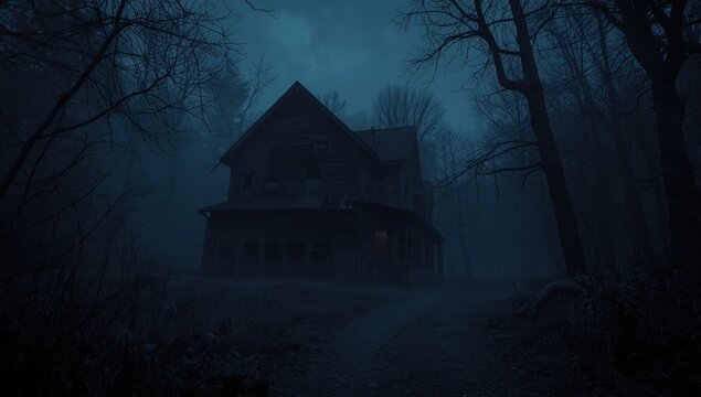 A dilapidated wooden house stands silently in a misty, dark forest at night, evoking a sense of foreboding and mystery.